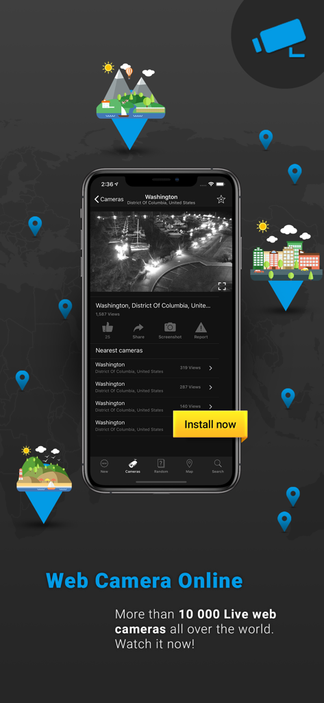 Web Cam Online IP - iPhone screen displaying a live CCTV feed from Washington DC in the Web Cam Online IP app with a list of nearby cameras
