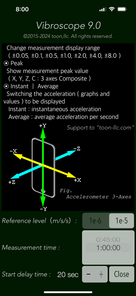 Vibroscope - Vibroscope app settings interface displaying a 3-axis accelerometer orientation diagram and measurement parameters
