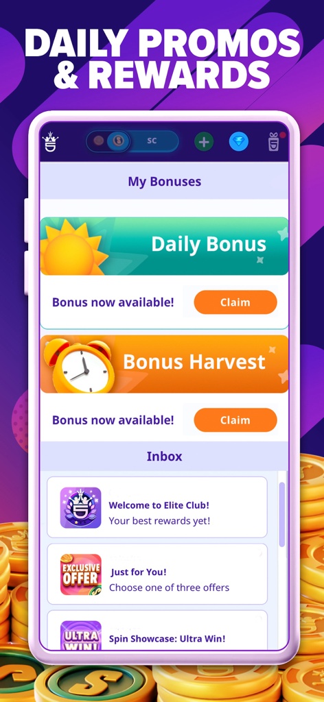 Interfaccia dell'app mobile High 5 Casino che mostra bonus giornalieri e premi promozionali