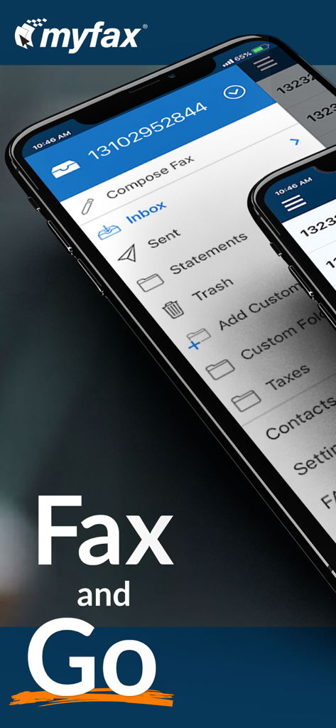 Pantalla de smartphone que muestra la interfaz de la aplicación MyFax con opciones de gestión de faxes y el lema Fax y Go