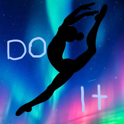 gymnast doing a leap in a leotard with a bent back leg