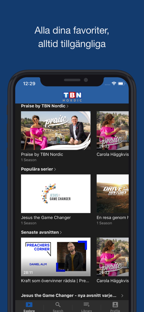 TBN Nordic Play - Écran d'accueil de l'application TBN Nordic Play montrant une variété de contenus vidéo et de séries chrétiennes.