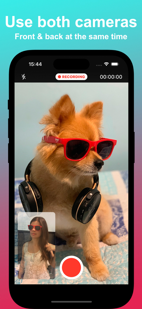 Duet Camera app interface showing front and back camera video recording on iPhone
