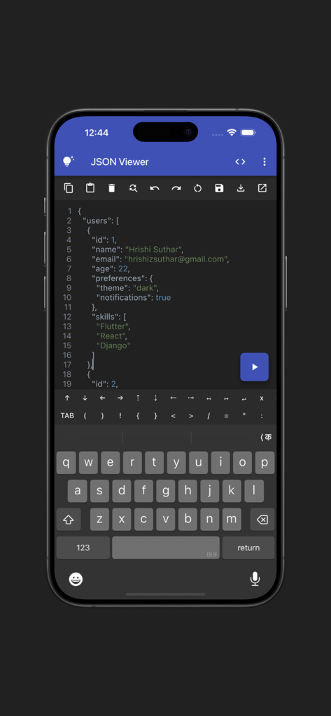 JSON Viewer(Pro) - JSON Viewer Pro mobile application interface with JSON code and custom programming symbols keyboard.