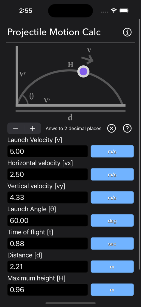 Projectile Motion Calc - Projectile Motion Calc app interface featuring a trajectory diagram and physics input fields for velocity and angle