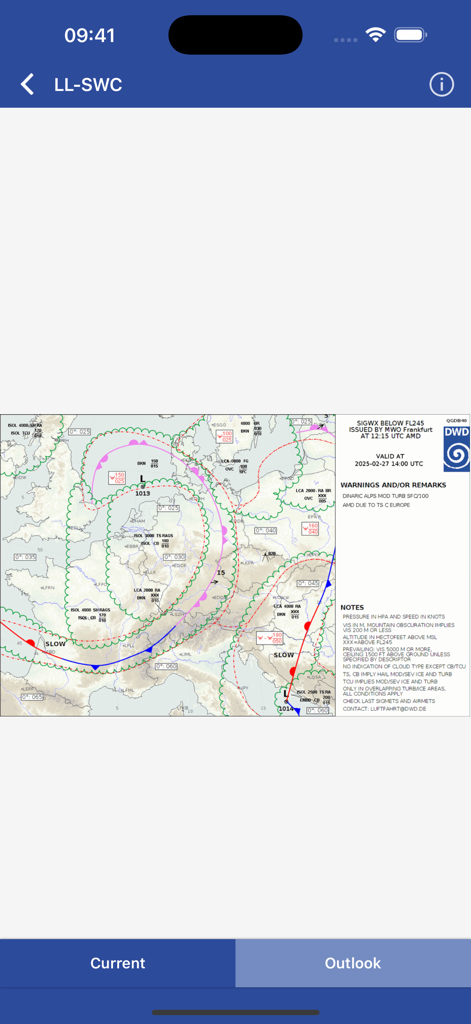 DWD FlugWetter - Technische Luftfahrtwetterkarte, die eine Low Level Significant Weather Chart für den europäischen Luftraum in der DWD FlugWetter App anzeigt.