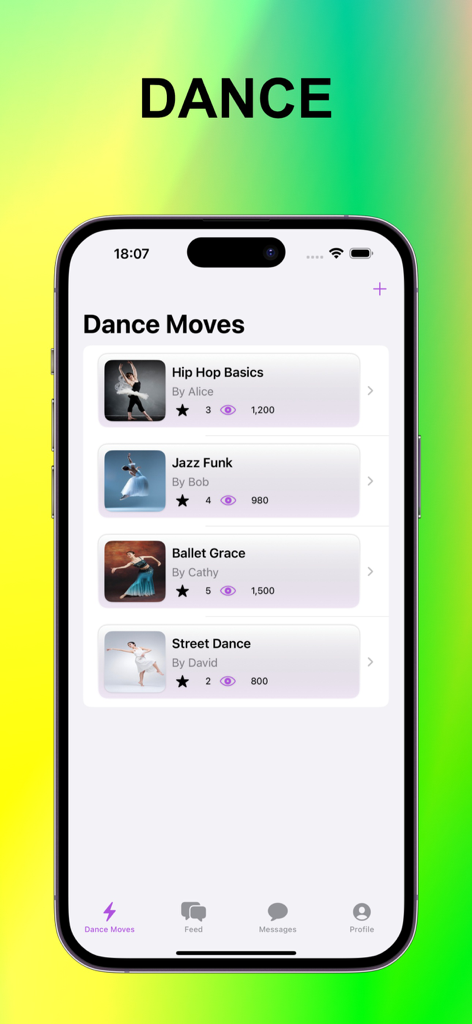 Interface of the Toik app showing a list of dance categories including Hip Hop and Ballet