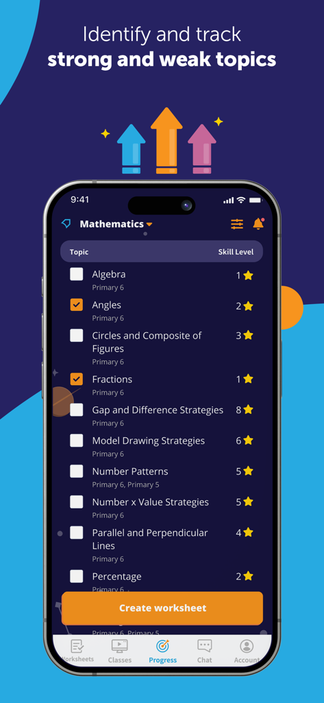 Geniebook: Online Learning App - Geniebook app screen showing student skill levels for mathematics topics like algebra and fractions