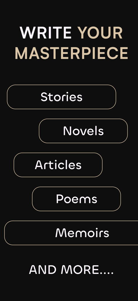 Book Writer - Novel Writing - Una schermata di un'app mobile con uno sfondo scuro caratterizzata da pulsanti per scrivere storie, romanzi, articoli, poesie e memorie.