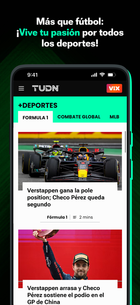 TUDN: TU Deportes Network - Pantalla de la app TUDN mostrando noticias deportivas de Fórmula 1 en español