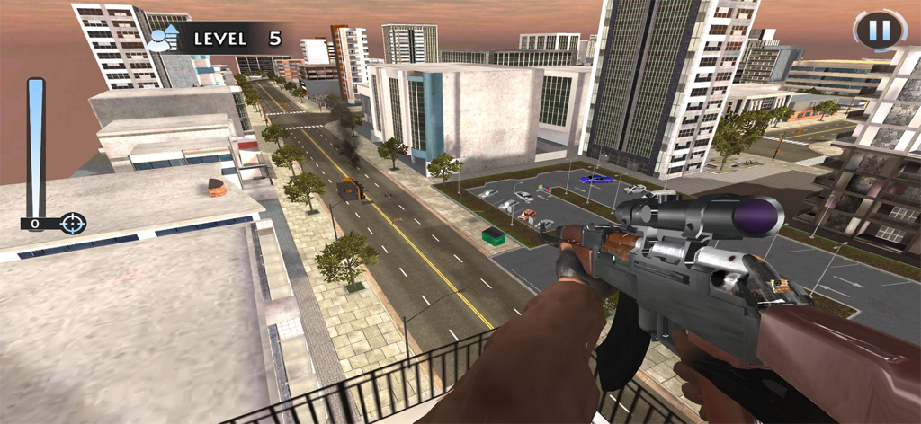 Sniper Shooter Soldier Strike - Sniper view from a rooftop overlooking a city street