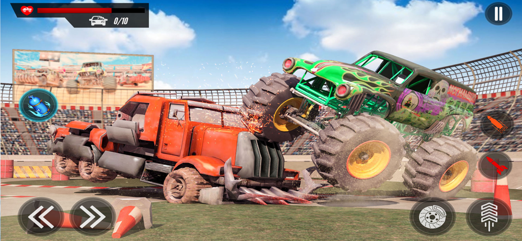 Un monster truck verde chocando contra un camión semirremolque rojo en una arena de derby de demolición