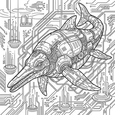 Immerse yourself in a thrilling fusion of ancient marine life and futuristic technology. This unique coloring page features a magnificent Shonisaurus reimagined with intricate cyberpunk details, ready for your artistic touch.