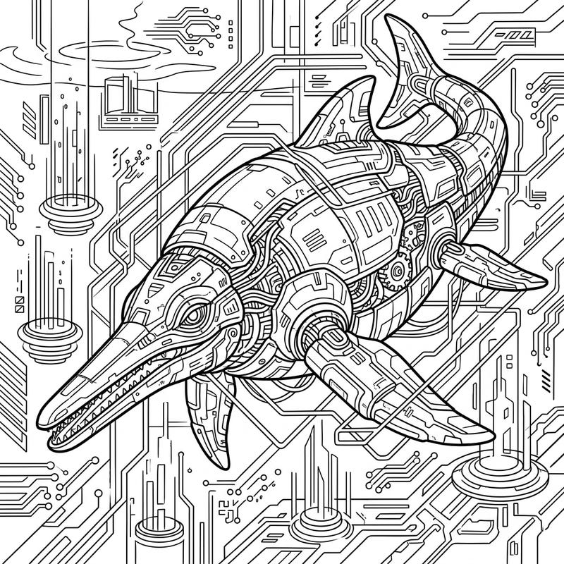 Immerse yourself in a thrilling fusion of ancient marine life and futuristic technology. This unique coloring page features a magnificent Shonisaurus reimagined with intricate cyberpunk details, ready for your artistic touch.