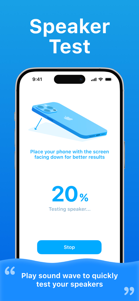 Clear Wave app screen showing a speaker test in progress with instructions to place the phone face down