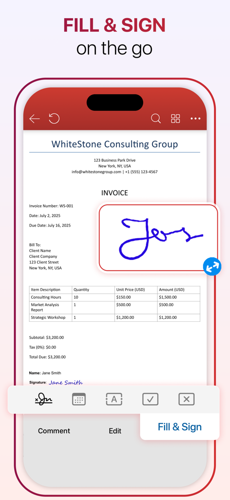 Interface do aplicativo MobiPDF mostrando uma assinatura digital sendo adicionada a uma fatura profissional em uma tela móvel