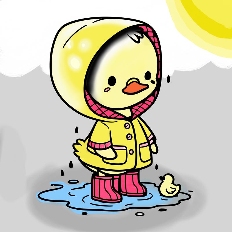 baby duck in a rain coat and boots, in a puddle while it’s raining