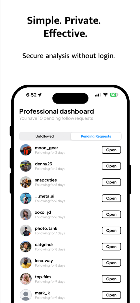Unfollowers Tracker for IG - Screenshot des Dashboards von Unfollowers Tracker for IG, der eine Liste ausstehender Follower-Anfragen mit einer sicheren No-Login-Oberfläche zeigt