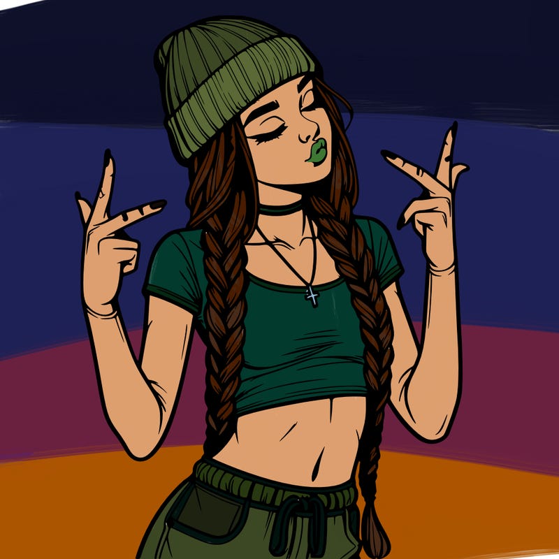 realistic teenage girl with braids and a beanie and crop top doing 🫶🏼