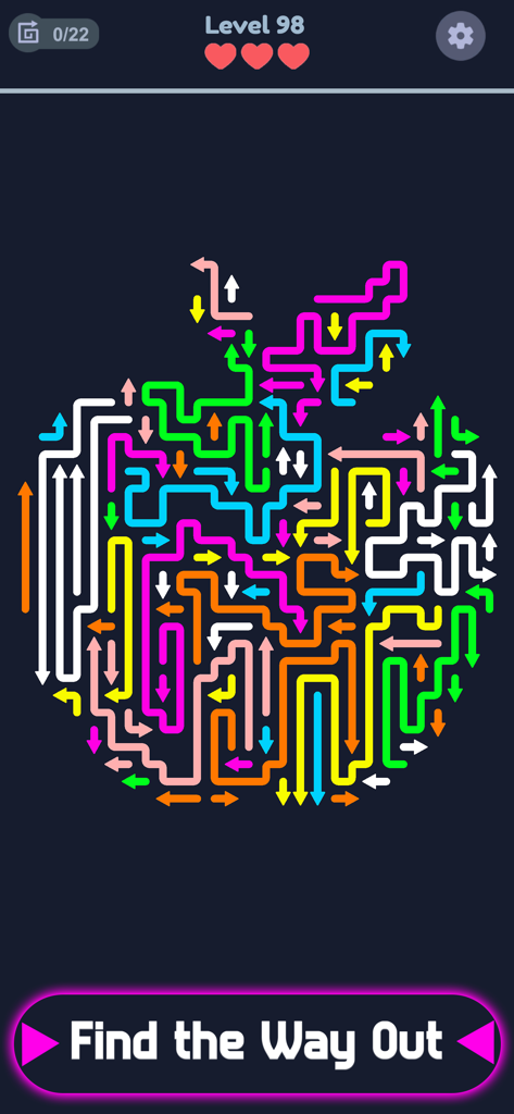 Arrow Escape: Maze Puzzle - Una captura de pantalla del juego de Arrow Escape que presenta un complejo rompecabezas de laberinto de flechas de neón con forma de manzana.