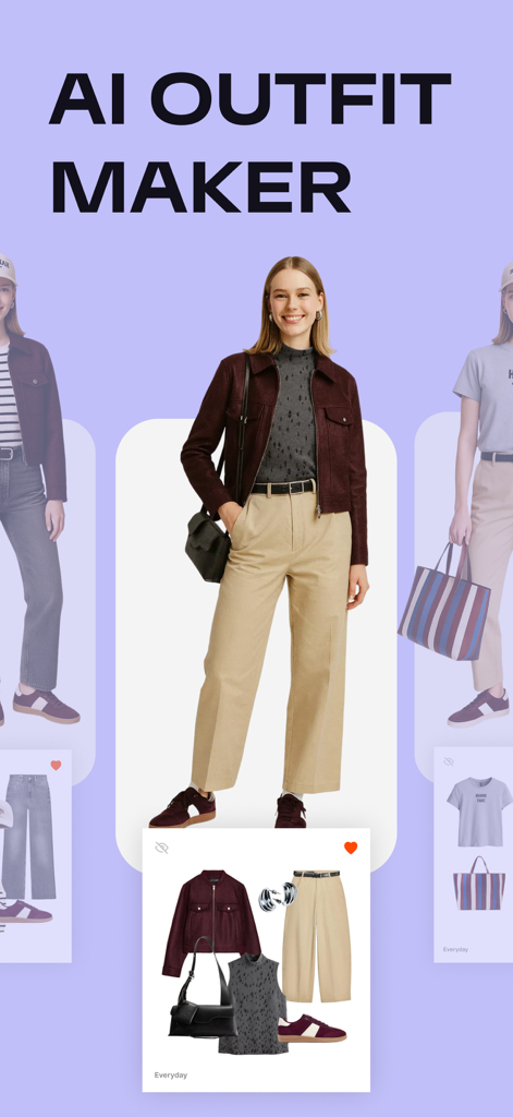 Outfit Maker & Planner: Stylix - Stylix Mobile-App-Oberfläche, die eine Frau in einem kuratierten Outfit mit KI-Modeempfehlungen zeigt