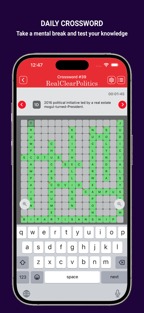 Daily political crossword puzzle screen in the Real Clear Politics mobile app