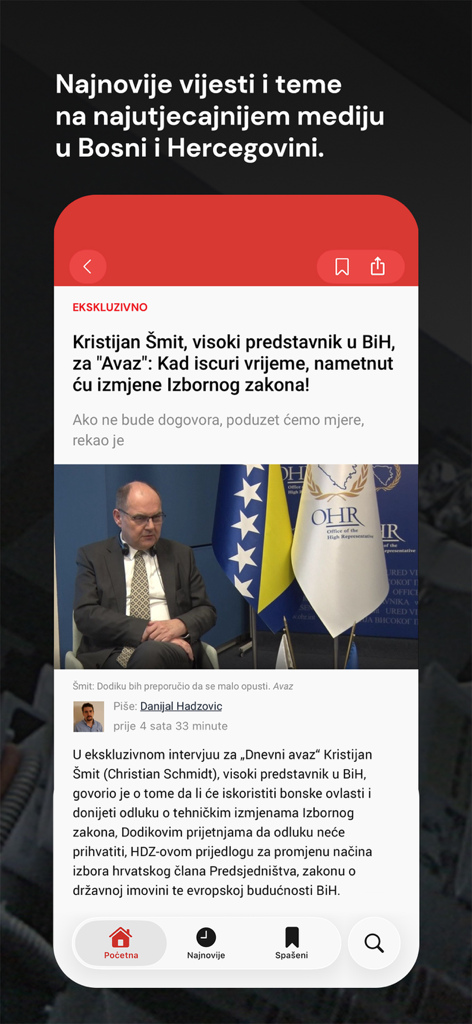 Avaz - Interface de l'application d'actualités Avaz présentant un article d'interview politique exclusif en langue bosniaque.