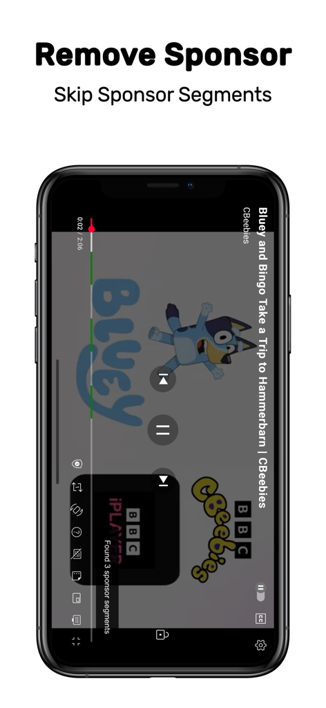 Viddle: No Ads Video Browser - Interfaz de la aplicación Viddle para smartphone mostrando la función de saltar segmentos de patrocinadores automáticamente en un reproductor de video.