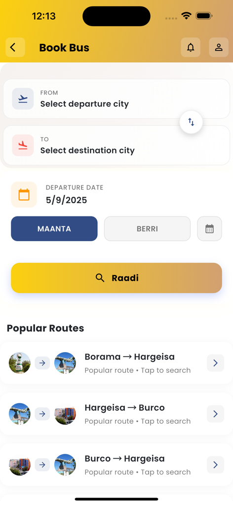Tela do aplicativo móvel Sahal Transport para reserva de ônibus com seleção de partida e destino e rotas populares entre cidades somalis