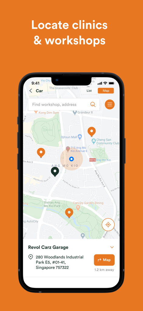 FWD SG app map screen showing nearby workshop and clinic locations