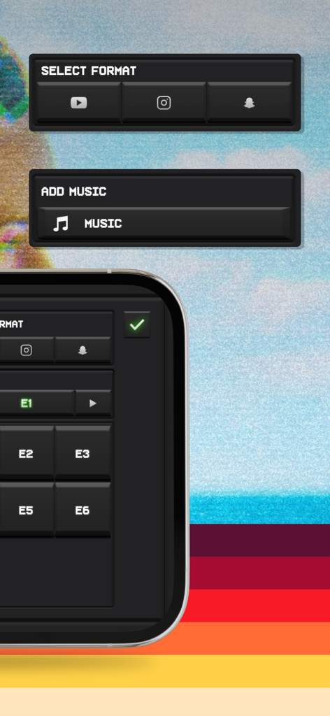 90s Retro And Cam Recorder App - Retro VHS cam app interface with options to select social media formats and add music