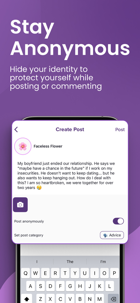 Oberfläche der 'Sind wir mit demselben Kerl zusammen?'-App, die zeigt, wie ein Benutzer einen anonymen Beitrag für Beziehungsratschläge erstellt.