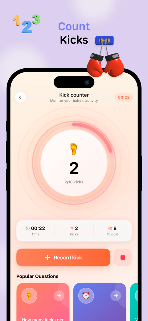 Mama Ai app interface showing the kick counter feature for tracking baby activity.