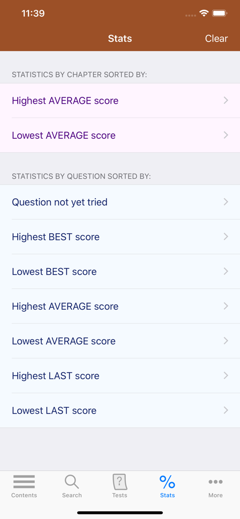 Performance statistics screen of the USMLE Images for the Boards app showing study progress and quiz scores