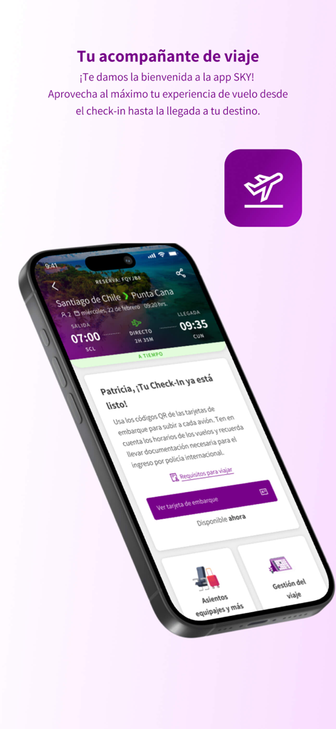Smartphone mostrando o itinerário de voo do aplicativo SKY Airline e a confirmação de check-in móvel
