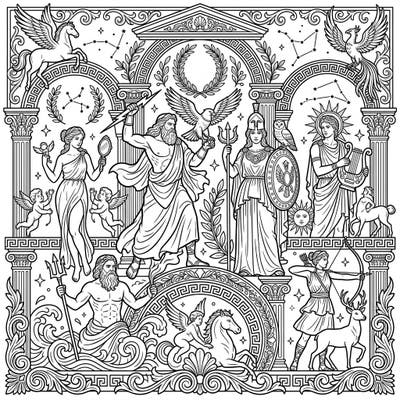 Unleash your creativity with this magnificent coloring page, bringing the epic sagas of Greek and Roman gods to life. Discover intricate details and legendary figures waiting for your artistic touch.