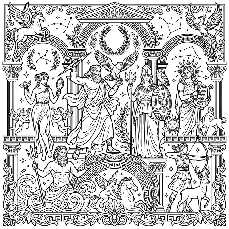 Unleash your creativity with this magnificent coloring page, bringing the epic sagas of Greek and Roman gods to life. Discover intricate details and legendary figures waiting for your artistic touch.