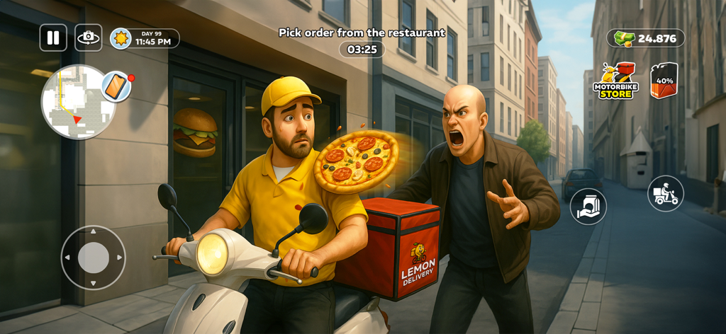 Deliver Till Dawn - Captura de pantalla del juego Deliver Till Dawn que muestra a un repartidor en un scooter siendo confrontado por un cliente enfadado en una calle urbana.