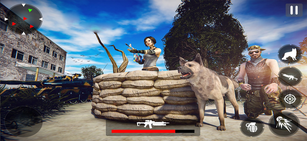 Call of Sniper War Game - Cena de jogabilidade com soldados e um cachorro atrás de sacos de areia no Call of Sniper War Game