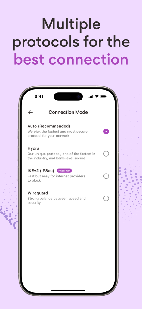 Una pantalla móvil mostrando el menú del modo de conexión de VPN 360 con varias opciones de protocolo como Hydra y Wireguard.