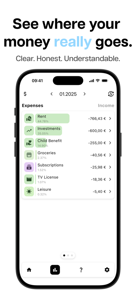 Finance Squirrel | Budget App - Finance Squirrelモバイルアプリ画面に、カテゴリとパーセンテージ別の月間支出の詳細な内訳が表示されている