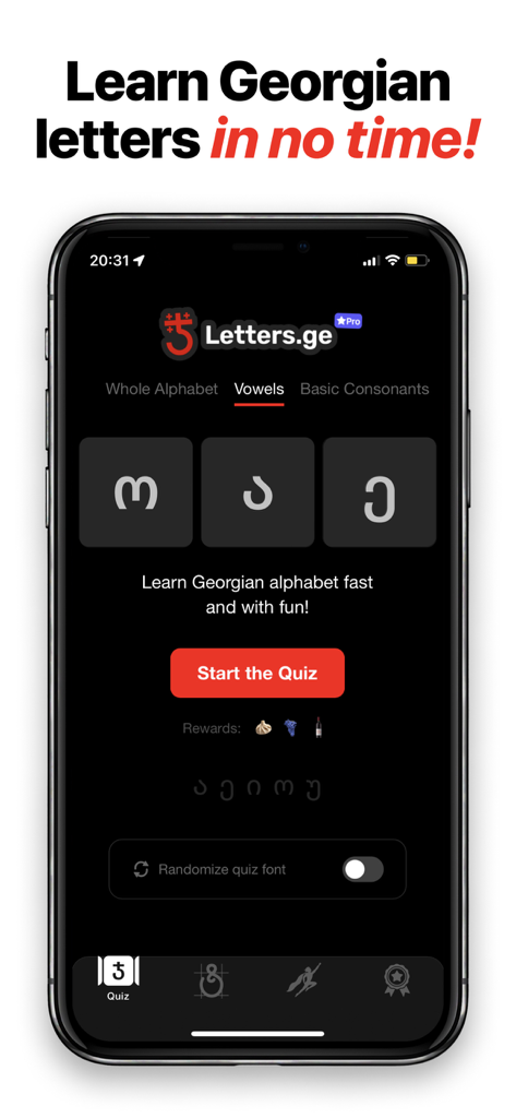 iPhone screenshot of the Letters.ge app showing a Georgian vowel quiz screen with a start button