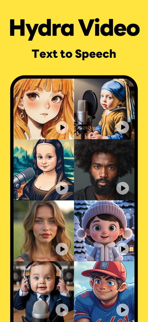 Hydra Talking Video Creator - Uma grade de diversos avatares gerados por IA, incluindo bebês em microfones de podcast e personagens artísticos na interface do aplicativo Hydra Video