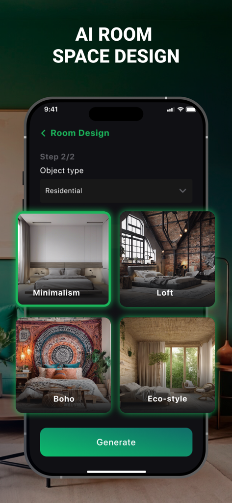 AI Interior: Home Space Design - AI Interior App-Bildschirm, der Raumdesign-Stile wie Minimalismus Loft Boho und Öko-Stil zeigt