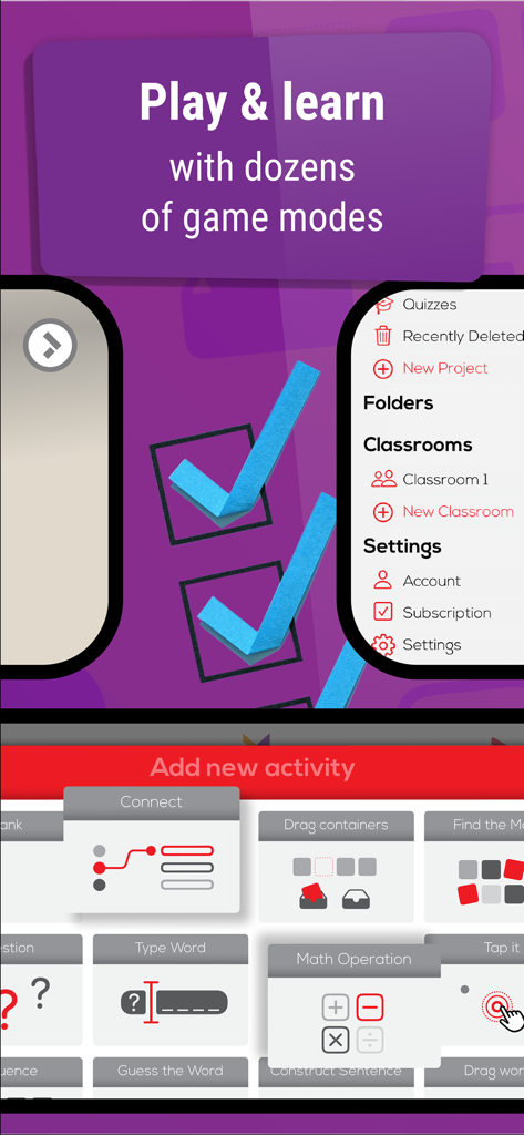 Make It: Create learning games - Educational game activity templates and classroom management interface in the Make It app.