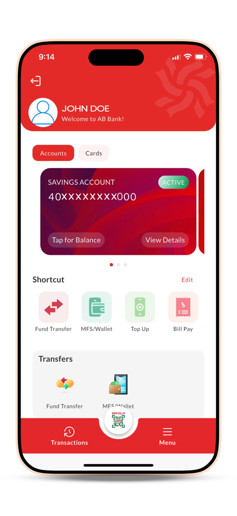 AB Direct Internet Banking home screen showing account balance and quick transaction shortcuts