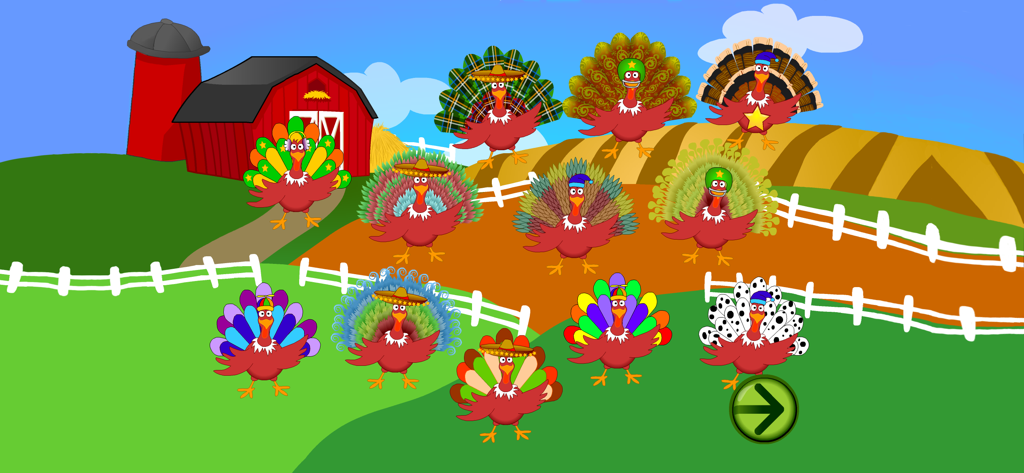 A group of silly decorated turkeys in a farm yard with a red barn