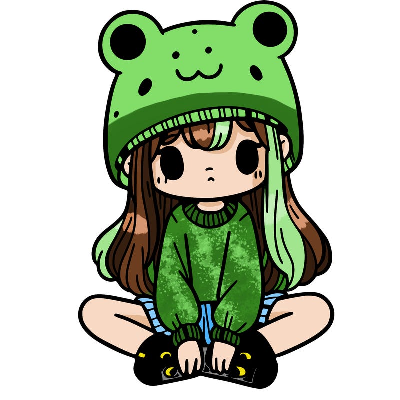 a girl wearing a frog hat and some frog socks