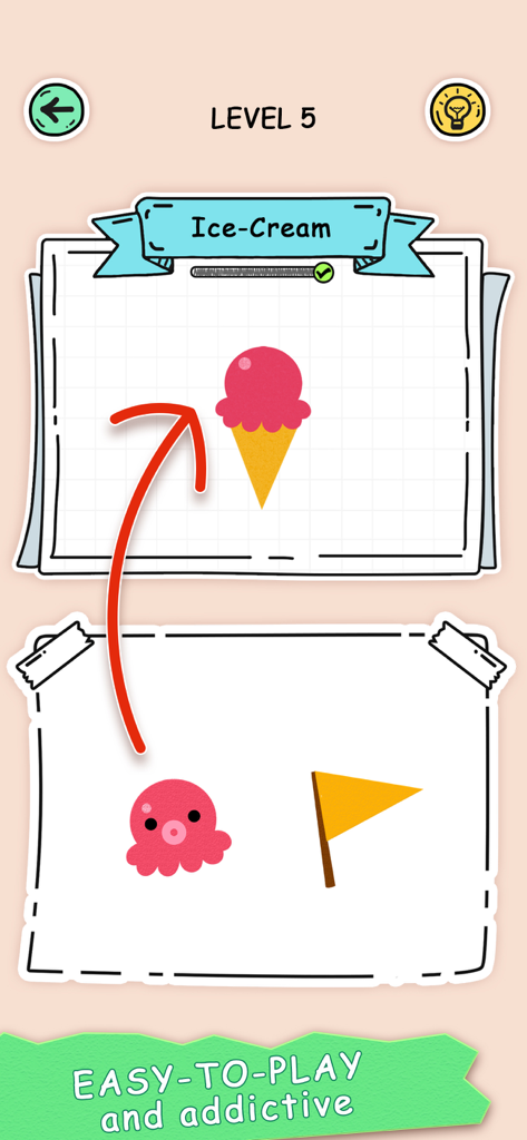 Puzzle Fuzzle - Schermata di gioco di Puzzle Fuzzle che mostra come assemblare un cono gelato usando diverse parti di oggetti.