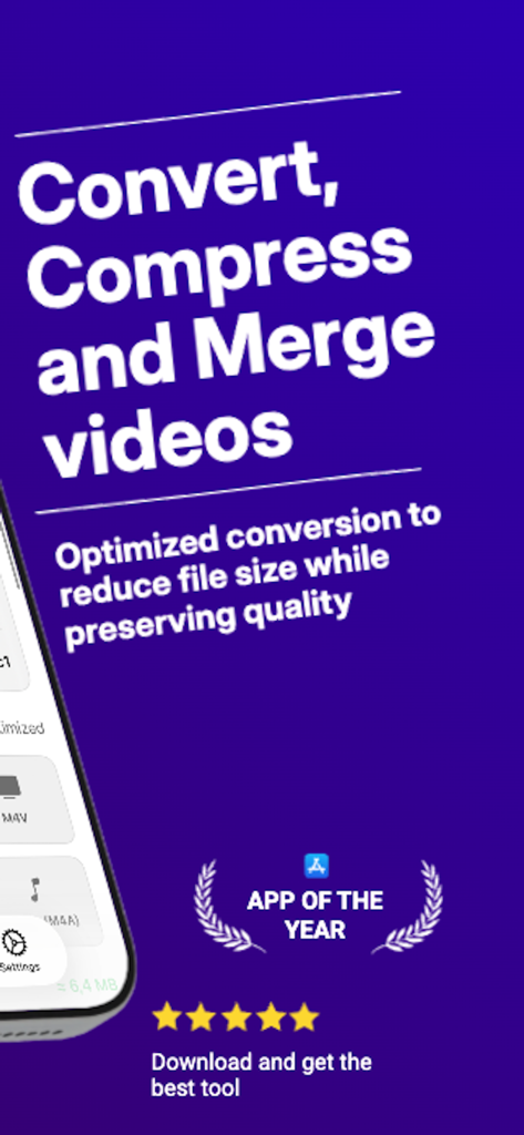 Video Converter Vidify - Pantalla promocional de la app Vidify destacando funciones para convertir, comprimir y fusionar videos conservando la calidad